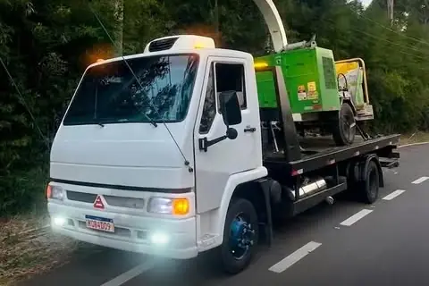 Guincho plataforma transportando máquina verde em rodovia arborizada